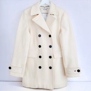 Tommy Hilfiger Cream Textured Double Breasted Logo Sleeve Lined Coat Size Medium